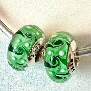 2 Charms for Pandora green land Authentic Murano charms 925 sterling silver core